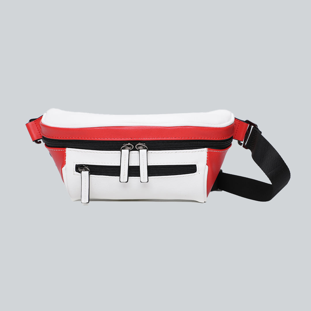 La Sacha chicago, a red and white streetwear bum bag with a black zipper straps from cawa.me