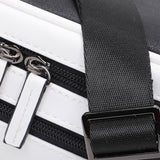 Close-up of the black and white faux leather streetwear bum bag from cawa.me