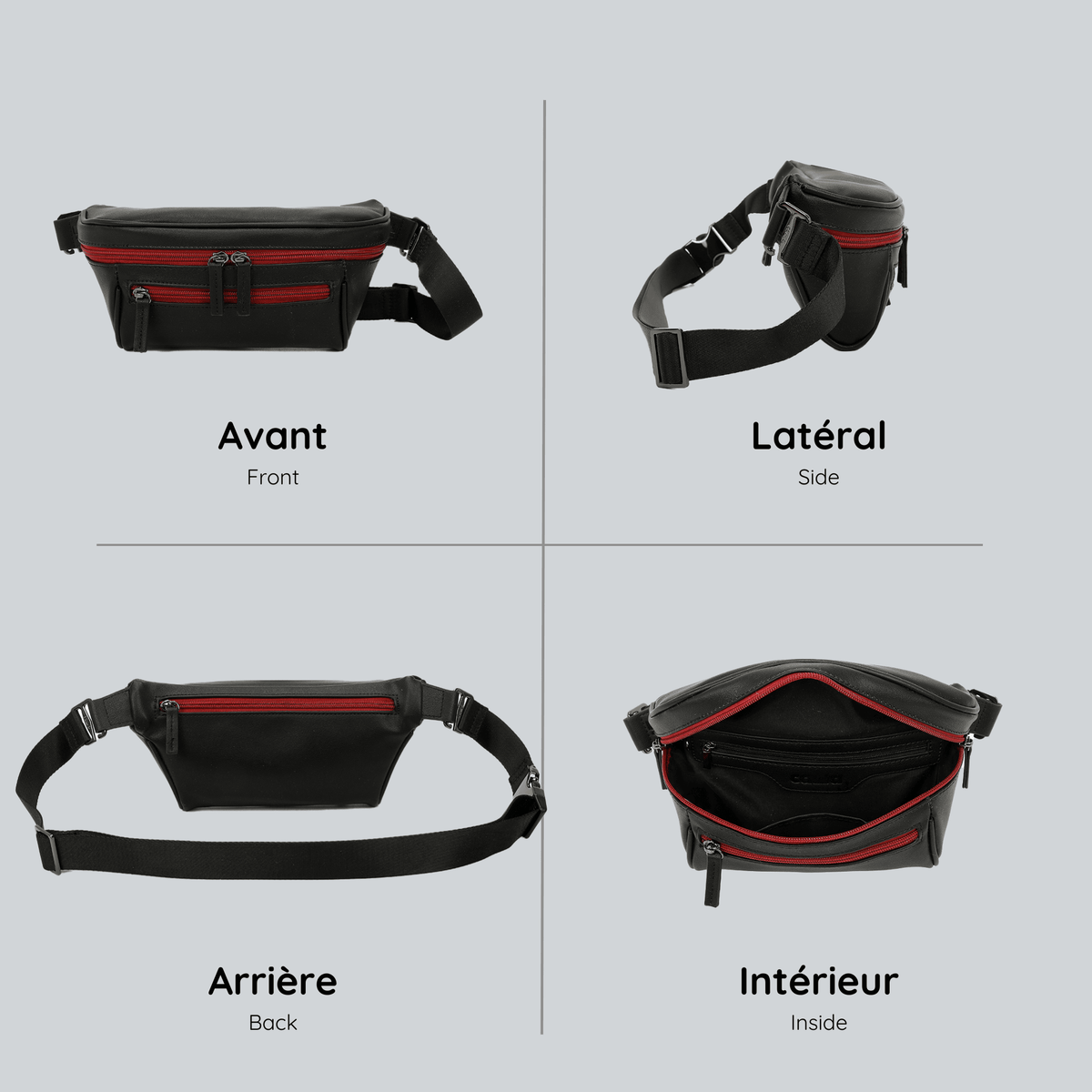 View from four sides of the black streetwear bum bag from cawa.me