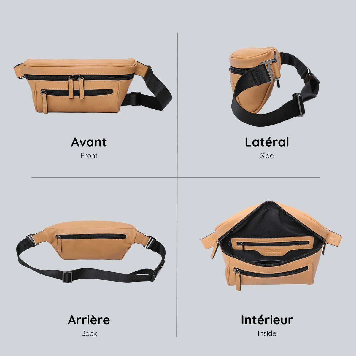 View from four sides of the brown streetwear bum bag from cawa.me