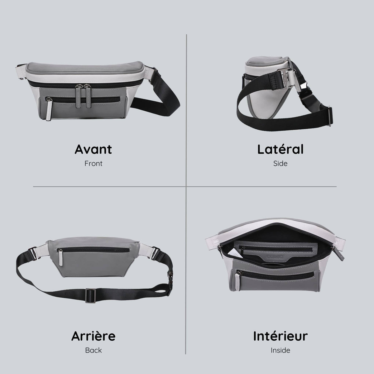 View from four sides of the gray and white streetwear bum bag from cawa.me