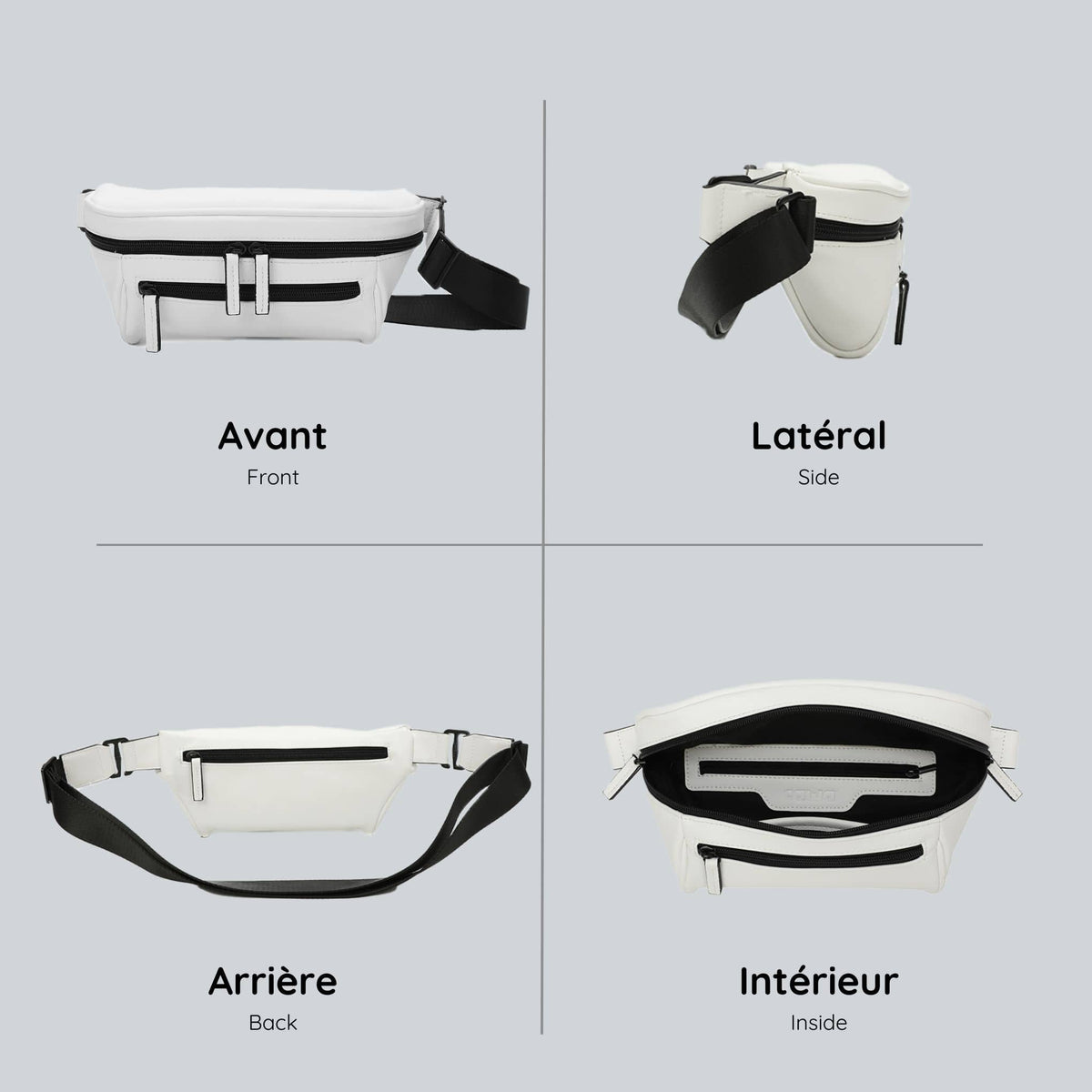 View from four sides of the white streetwear bum bag from cawa.me