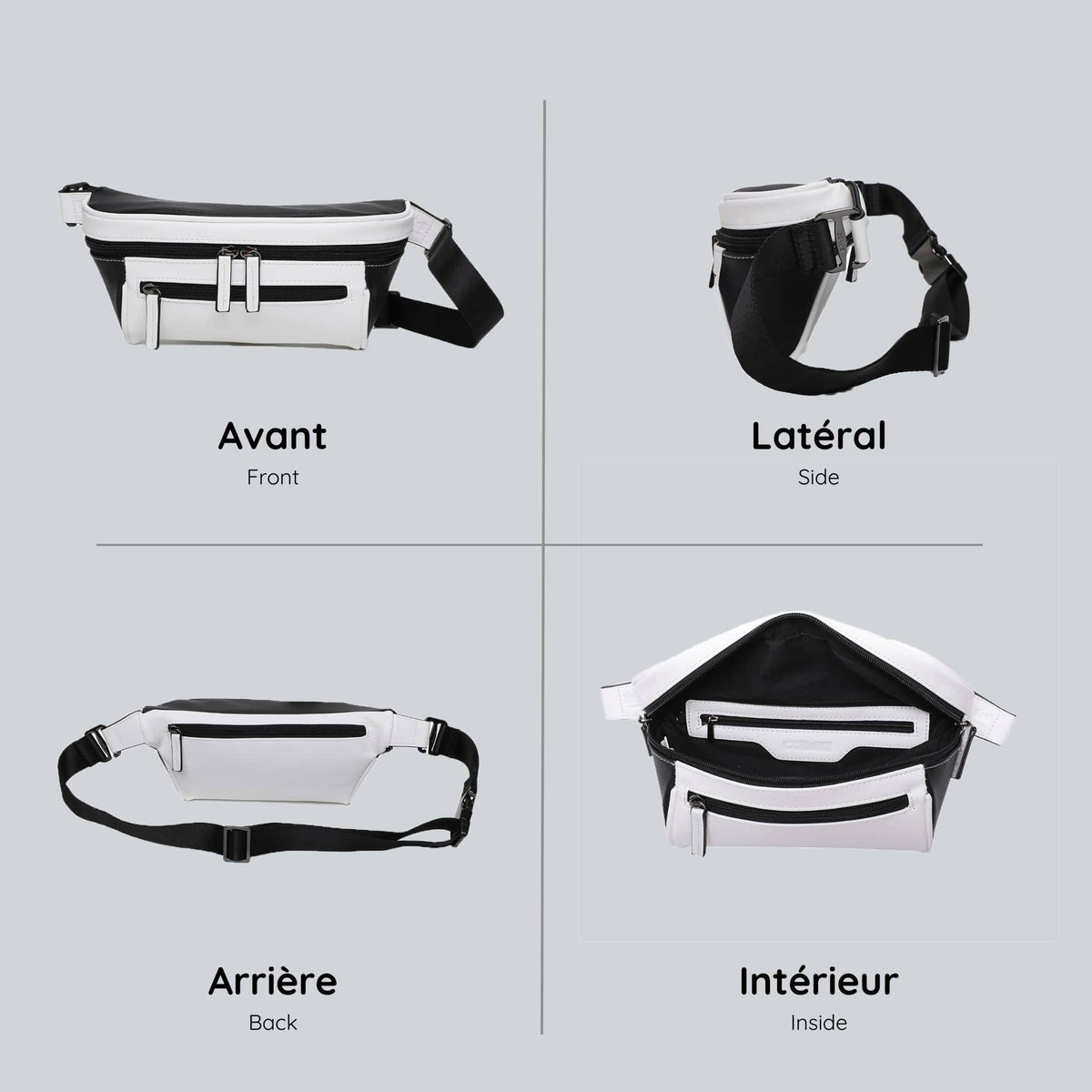 View from four sides of the black and white streetwear bum bag from cawa.me