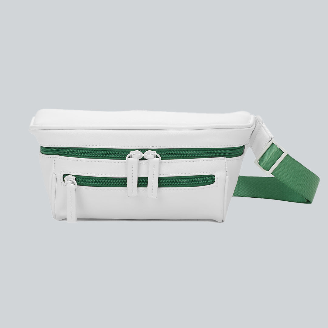 La Sacha Green, a white streetwear bum bag with a green zipper and straps from cawa.me