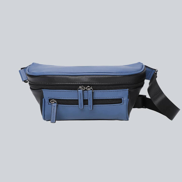 La Sacha midnight, a black and blue streetwear bum bag with a black zipper and straps from cawa.me
