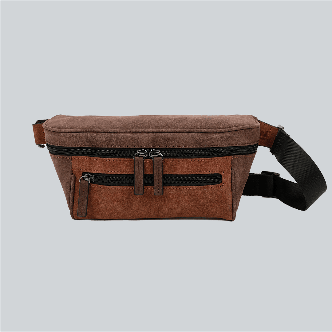 La Sacha Chocolate, a brown streetwear bum bag with a black zipper and straps from cawa.me