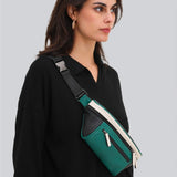 Woman on a gray background with a green and black streetwear bum bag from cawa.me