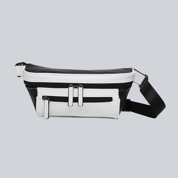 La Sacha panda, a black and white streetwear bum bag with a black zipper and straps from cawa.me