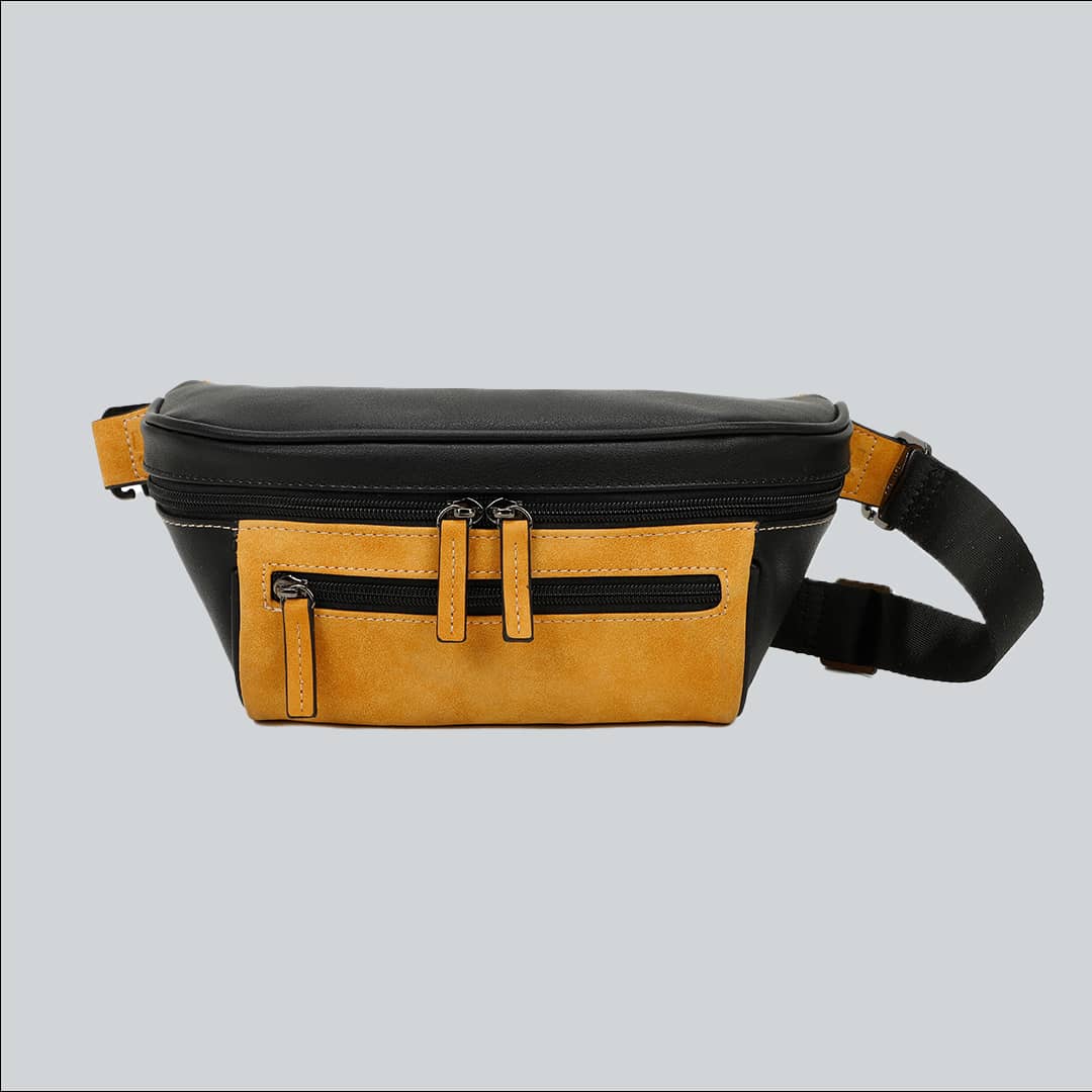 La Sacha Camaro, a black and yellow streetwear bum bag with a black zipper and straps from cawa.me