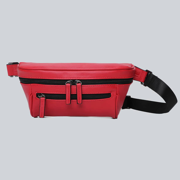 La Sacha Red, a red streetwear bum bag with a black zipper and straps from cawa.me