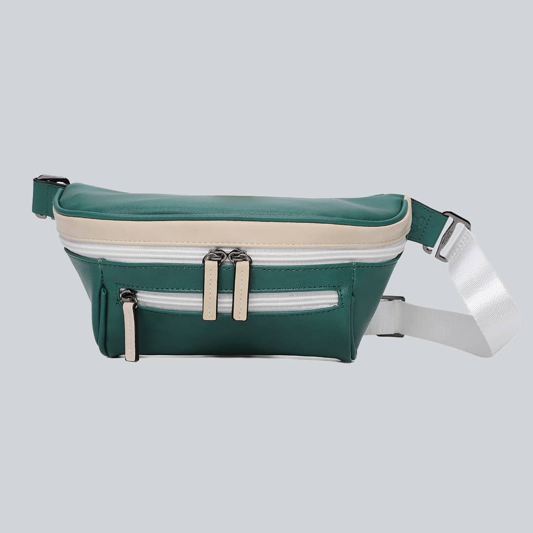 La Sacha Cactus, a green and cream streetwear bum bag, a white zipper and straps