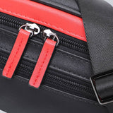 Close-up of the black and red faux leather streetwear bum bag from cawa.me