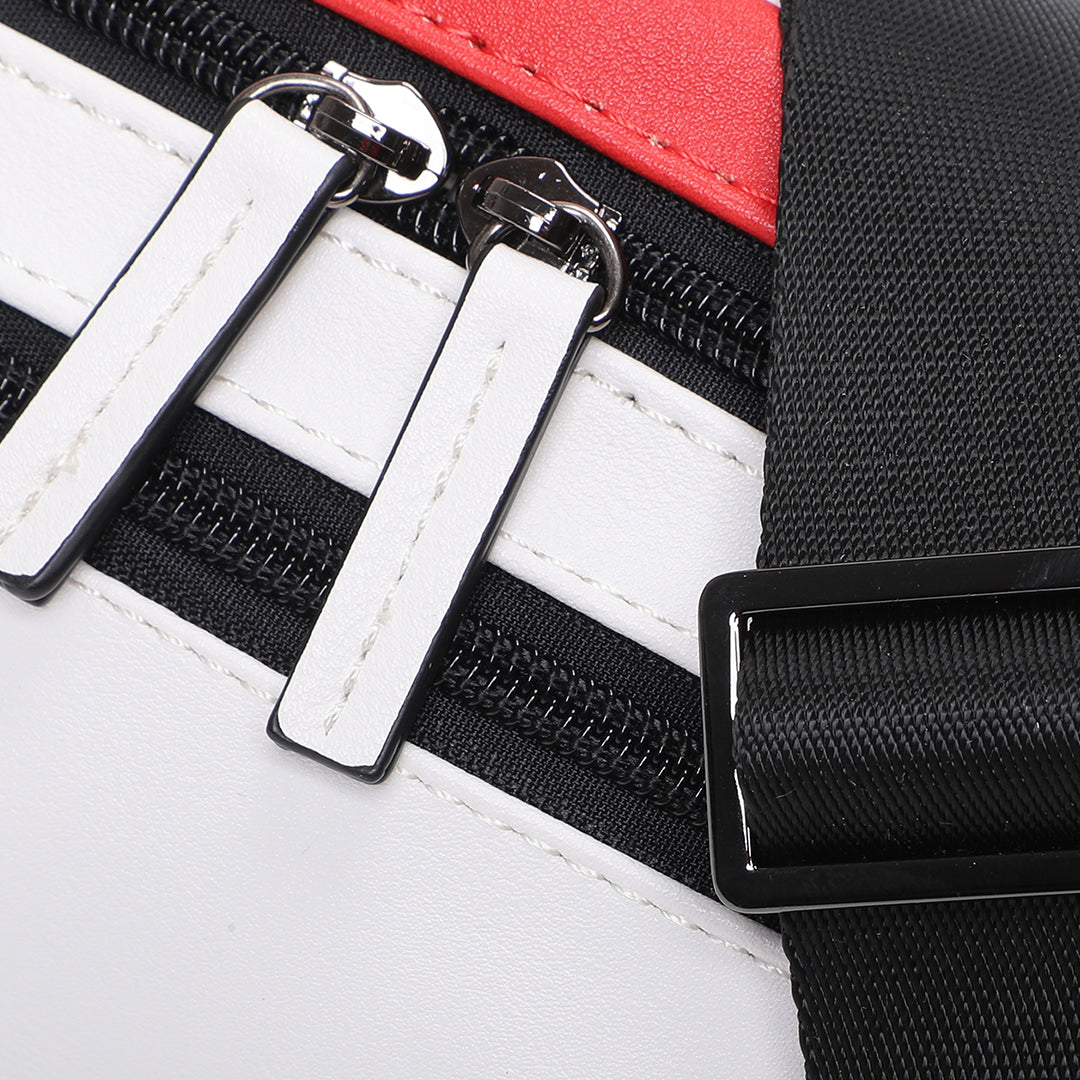 Close-up of the white and red faux leather streetwear bum bag from cawa.me