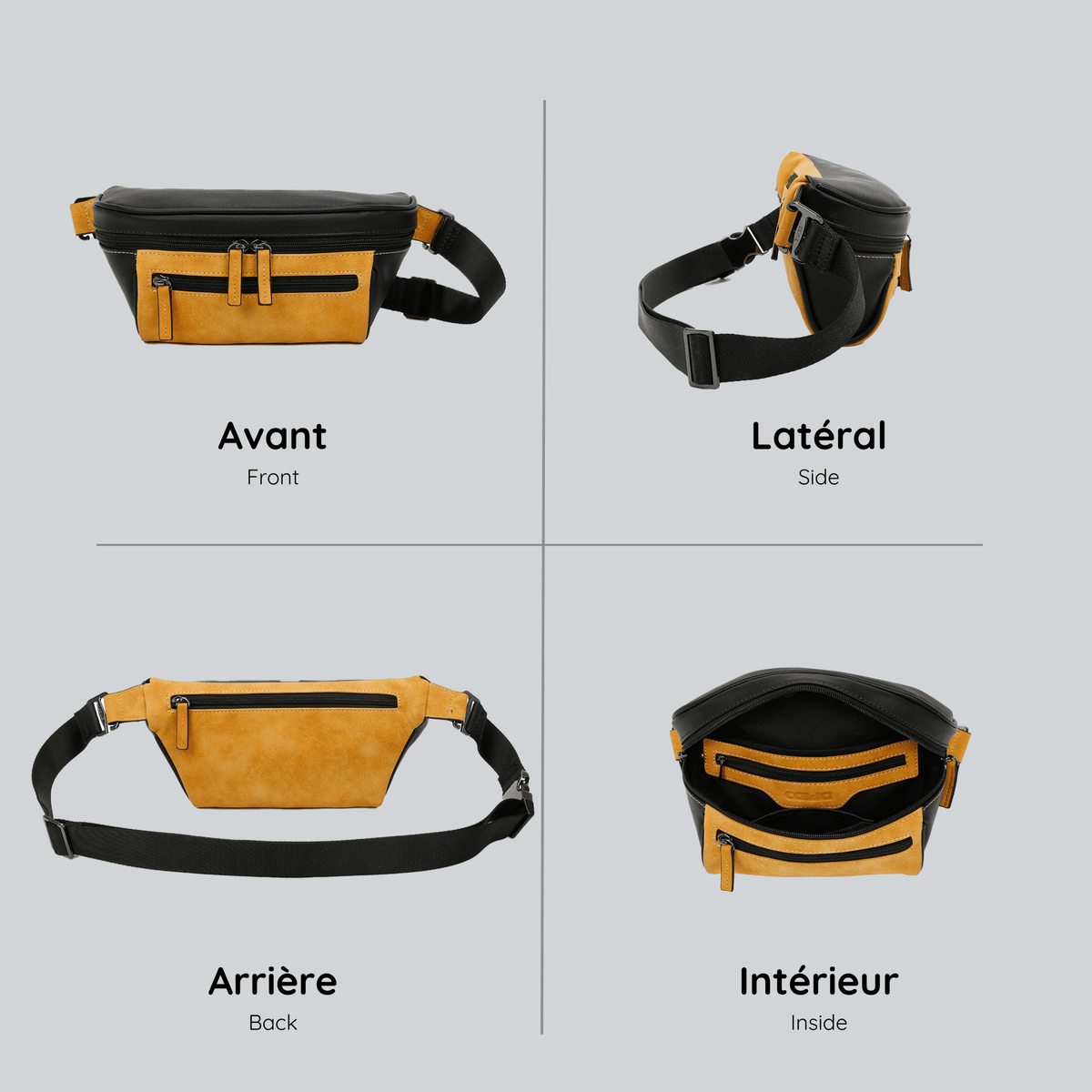 View from four sides of the black and orange streetwear bum bag from cawa.me