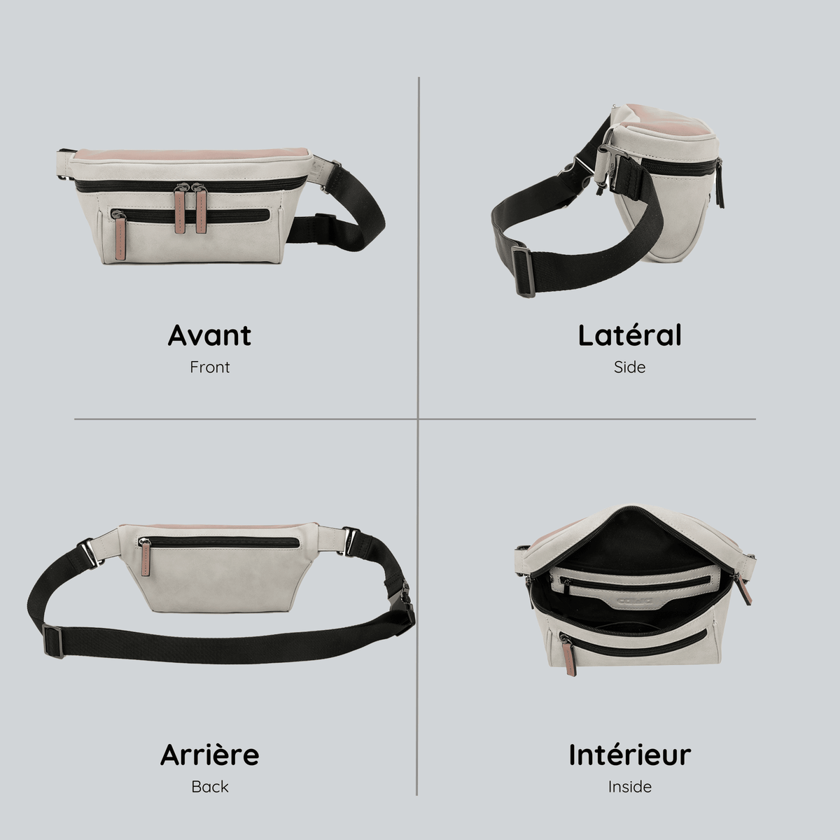 View from four sides of the white streetwear bum bag from cawa.me