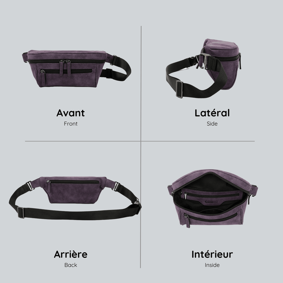 View from four sides of the purple streetwear bum bag from cawa.me