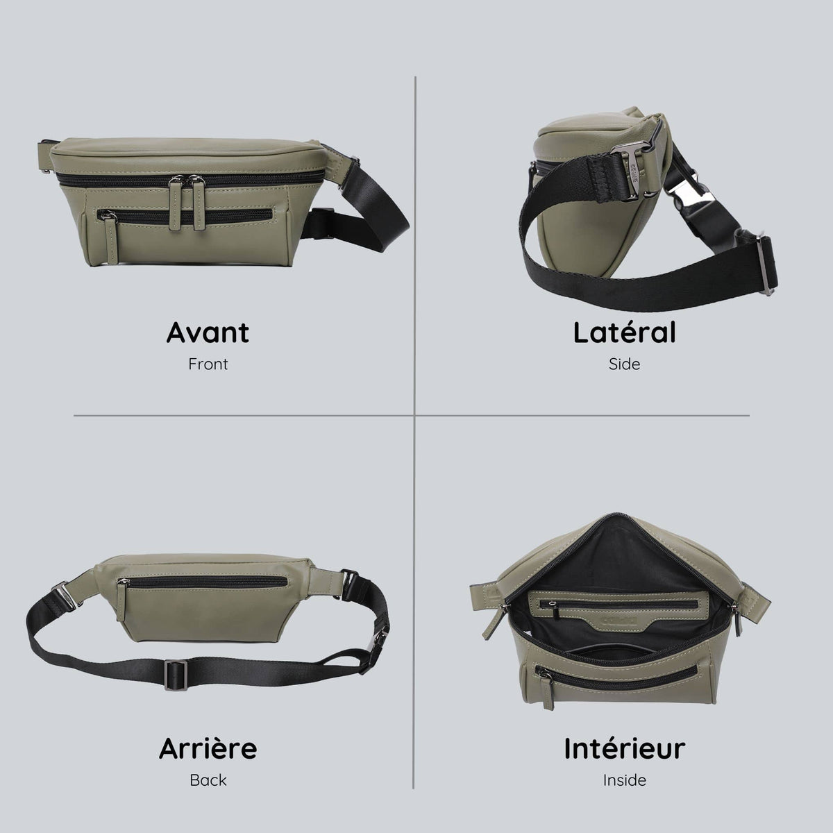 View from four sides of the khaki green streetwear bum bag from cawa.me